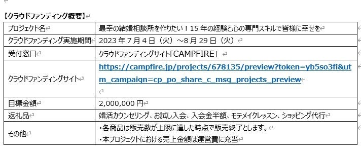 【入会初期費用50％OFF】新スタイルの結婚相談所！オープン！15年のブライダル経験と心の専門家としてみんなに幸せを届けたい！クラウドファンディングで7月から先行受付開始！のサブ画像1