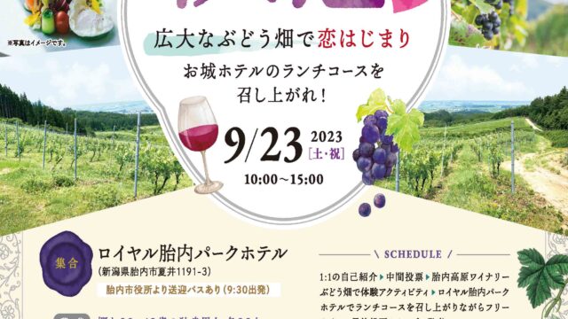 2023/9/23（土）新発田市・胎内市・聖籠町定住自立圏婚活支援事業：秋恋　広大なぶどう畑で恋はじまり【ランチコース付き！】 を開催しますのメイン画像